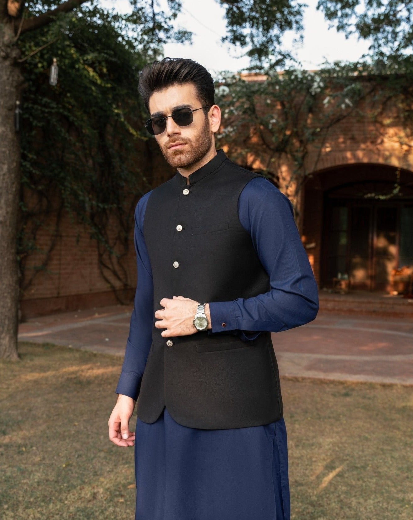 Navy Blue Blended Kurta Trouser with Black Waistcoat (3-Piece) - Image 1
