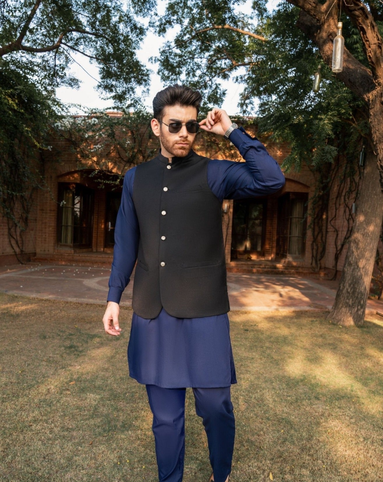 Navy Blue Blended Kurta Trouser with Black Waistcoat (3-Piece) - Image 5