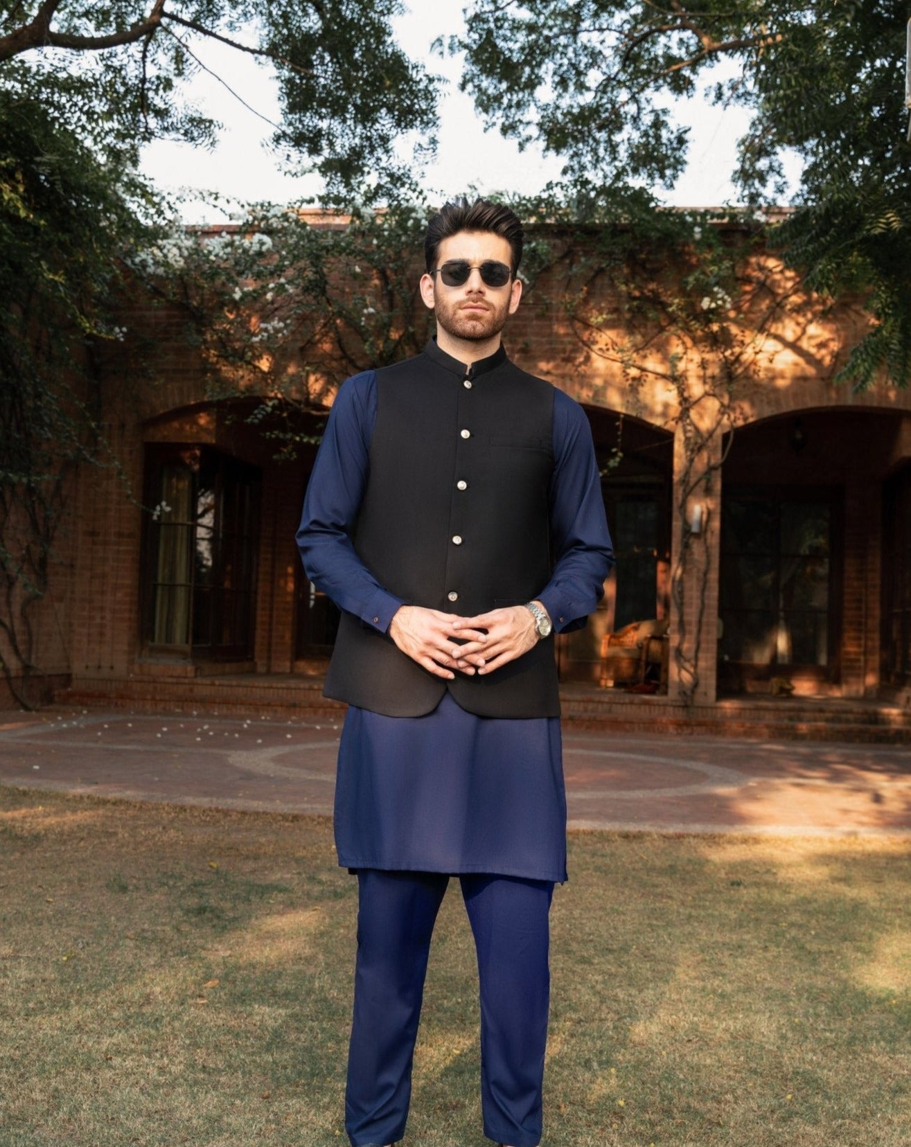 Navy Blue Blended Kurta Trouser with Black Waistcoat (3-Piece) - Image 6