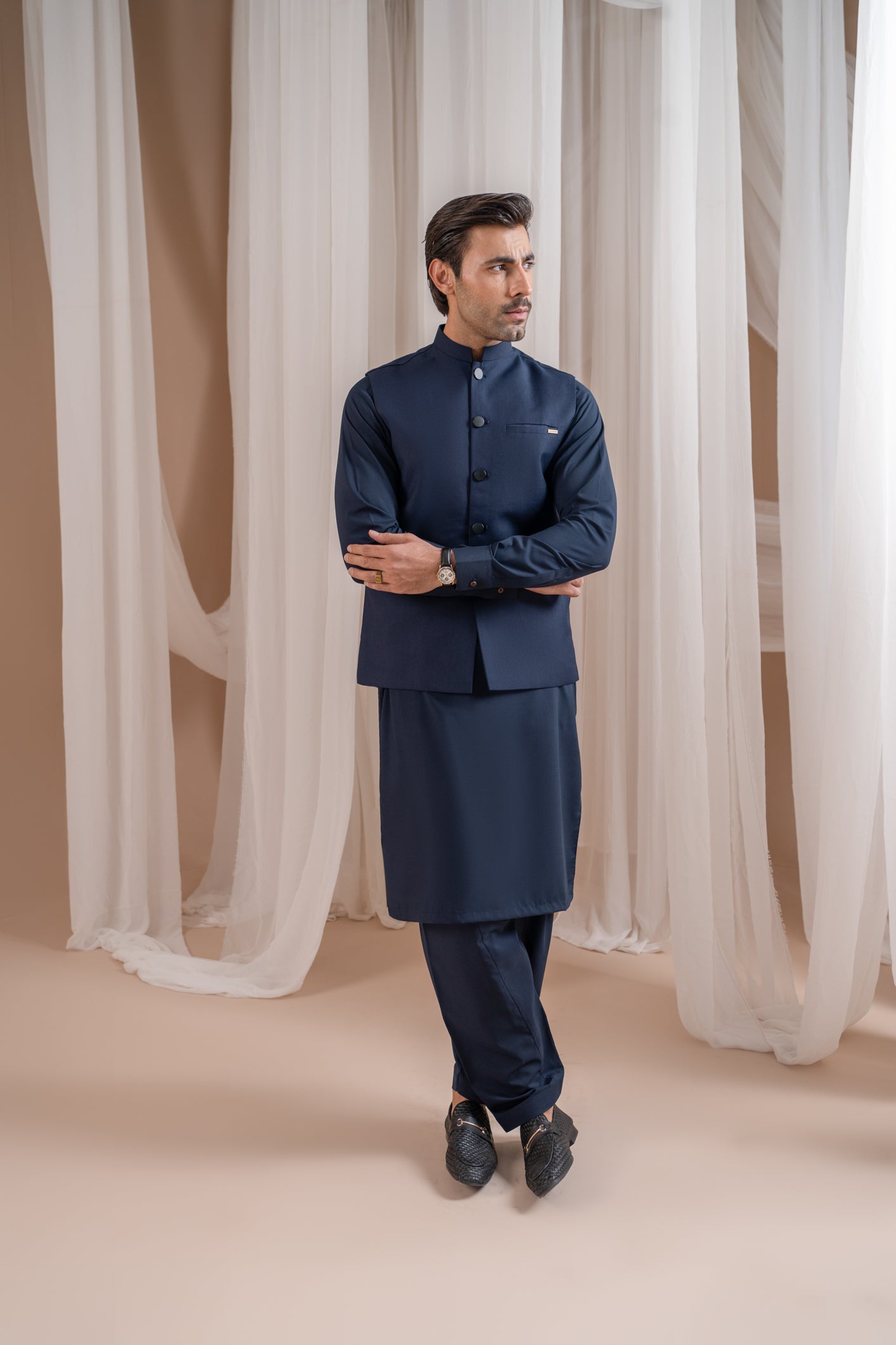 Navy Blue Minimalist Blended Waistcoat Kurta (3-Piece) - Image 1