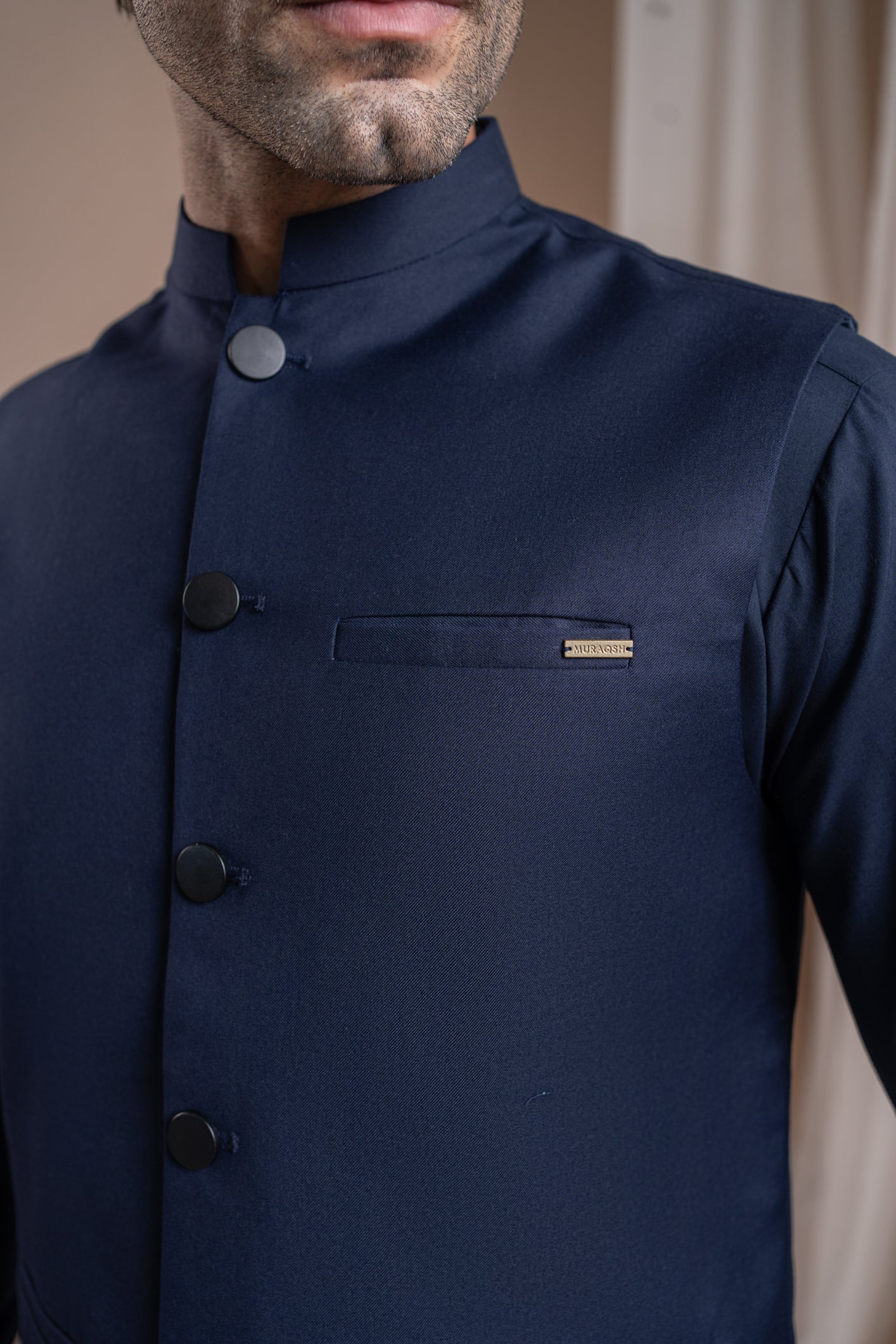 Navy Blue Minimalist Blended Waistcoat Kurta (3-Piece) - Image 2