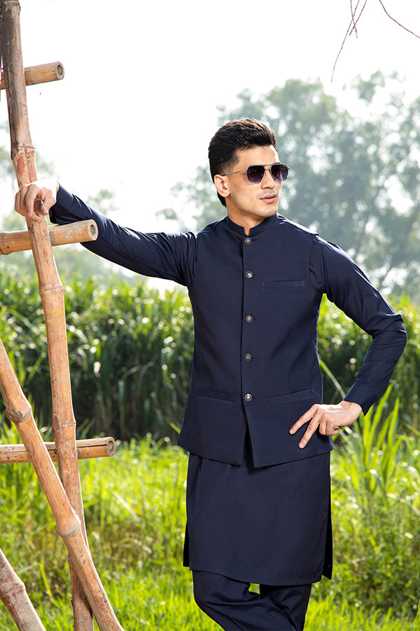 Navy Blue Boski Waistcoat Kurta Set (3-Piece) - Image 1