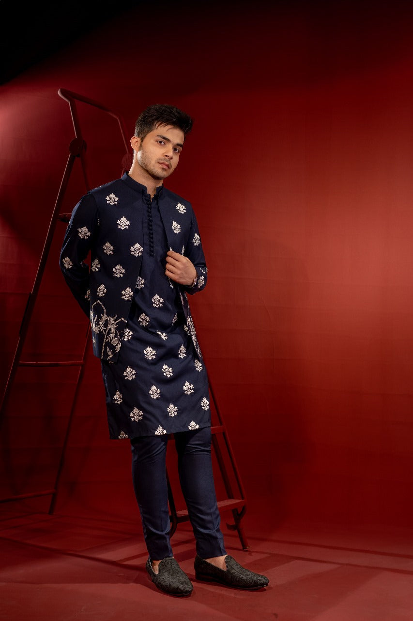 Navy Blue Embroidered Cotton Blend Waistcoat Kurta (3-Piece) - Image 1
