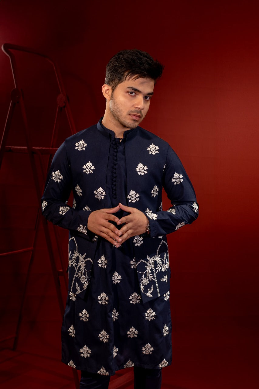 Navy Blue Embroidered Cotton Blend Waistcoat Kurta (3-Piece) - Image 3