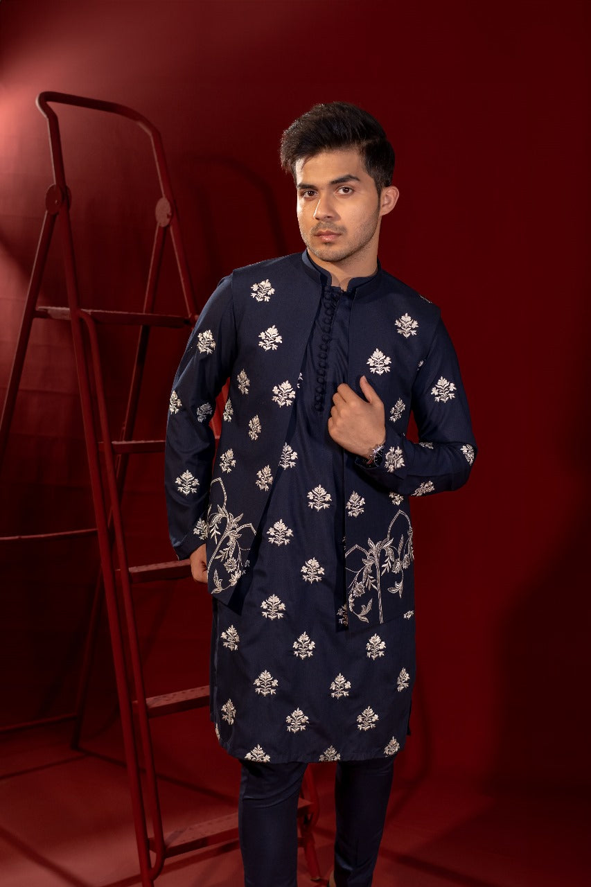 Navy Blue Embroidered Cotton Blend Waistcoat Kurta (3-Piece) - Image 5