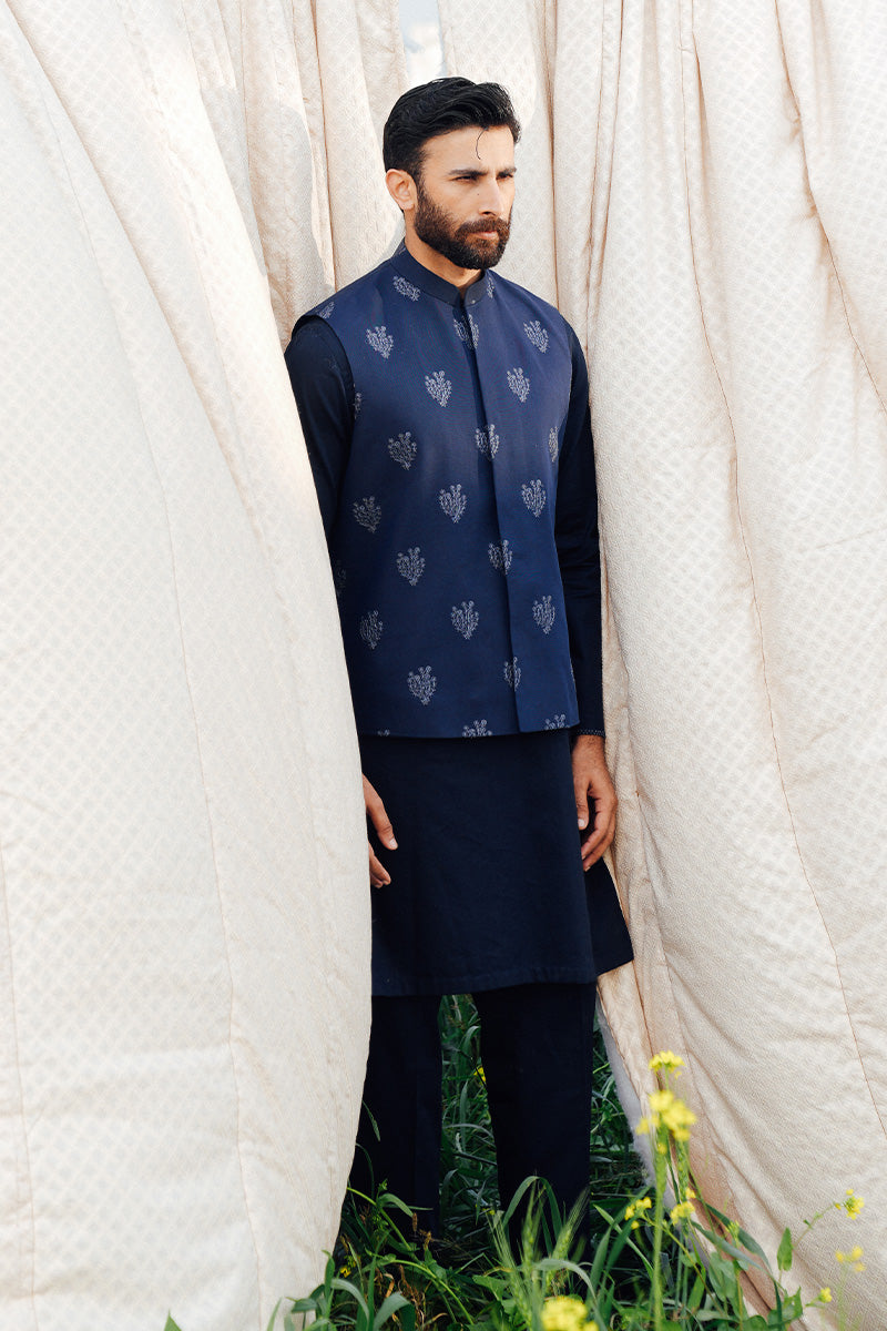 Navy Blue Embroidered Cotton Waistcoat Kurta (3-Piece) - Image 1