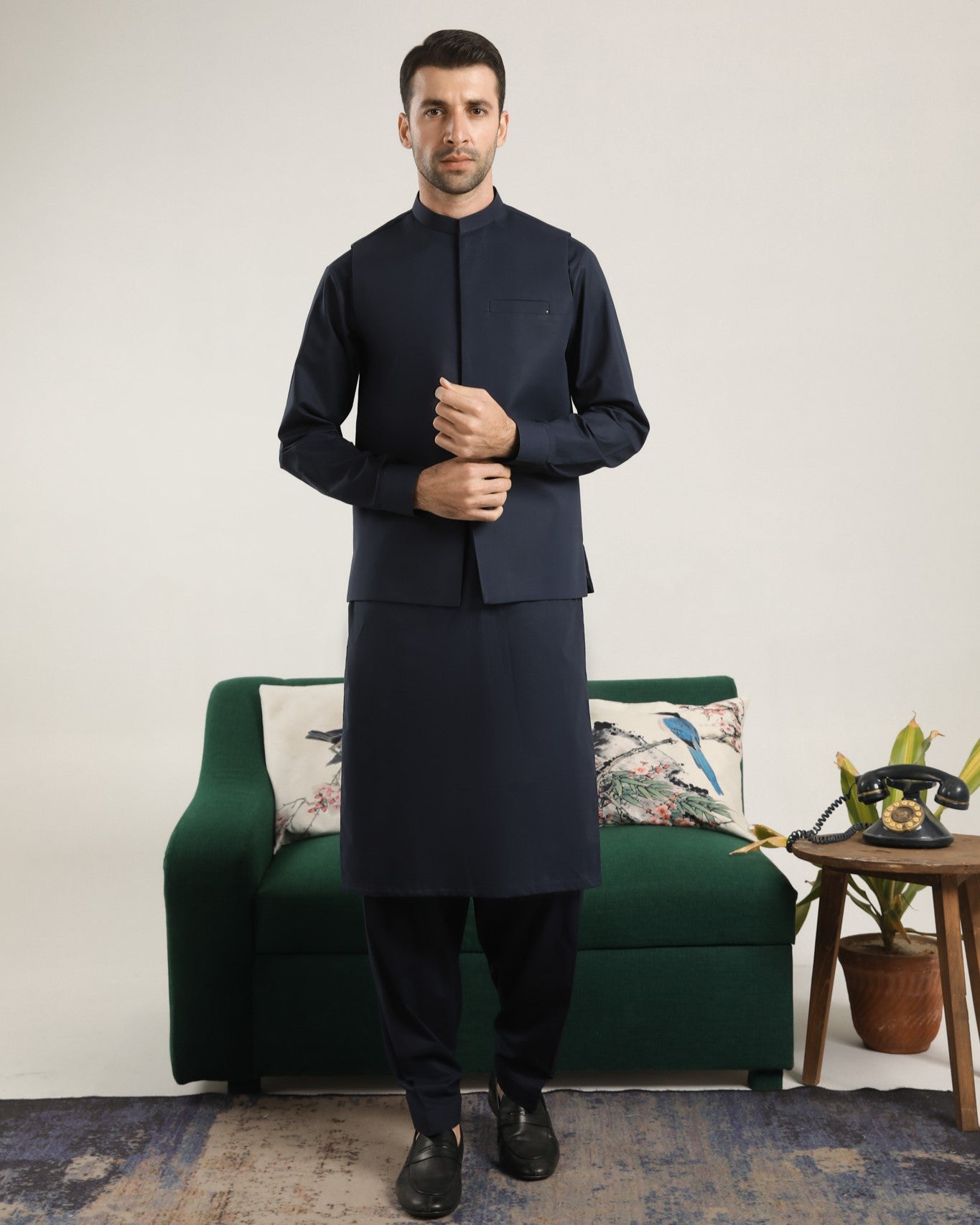 Dark Navy Blue Cotton Waistcoat Kurta Shalwar (3-Piece) - Image 1