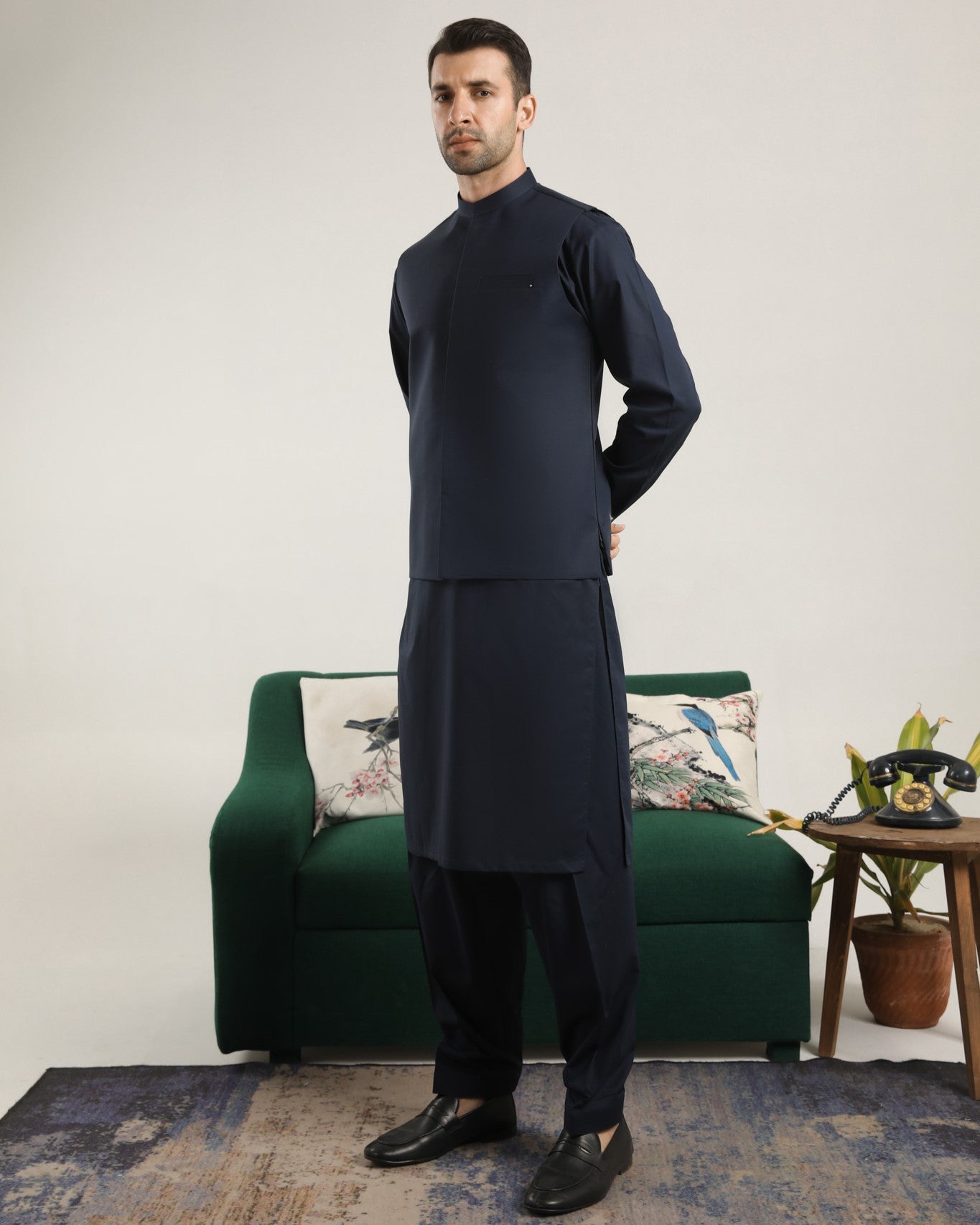 Dark Navy Blue Cotton Waistcoat Kurta Shalwar (3-Piece) - Image 3