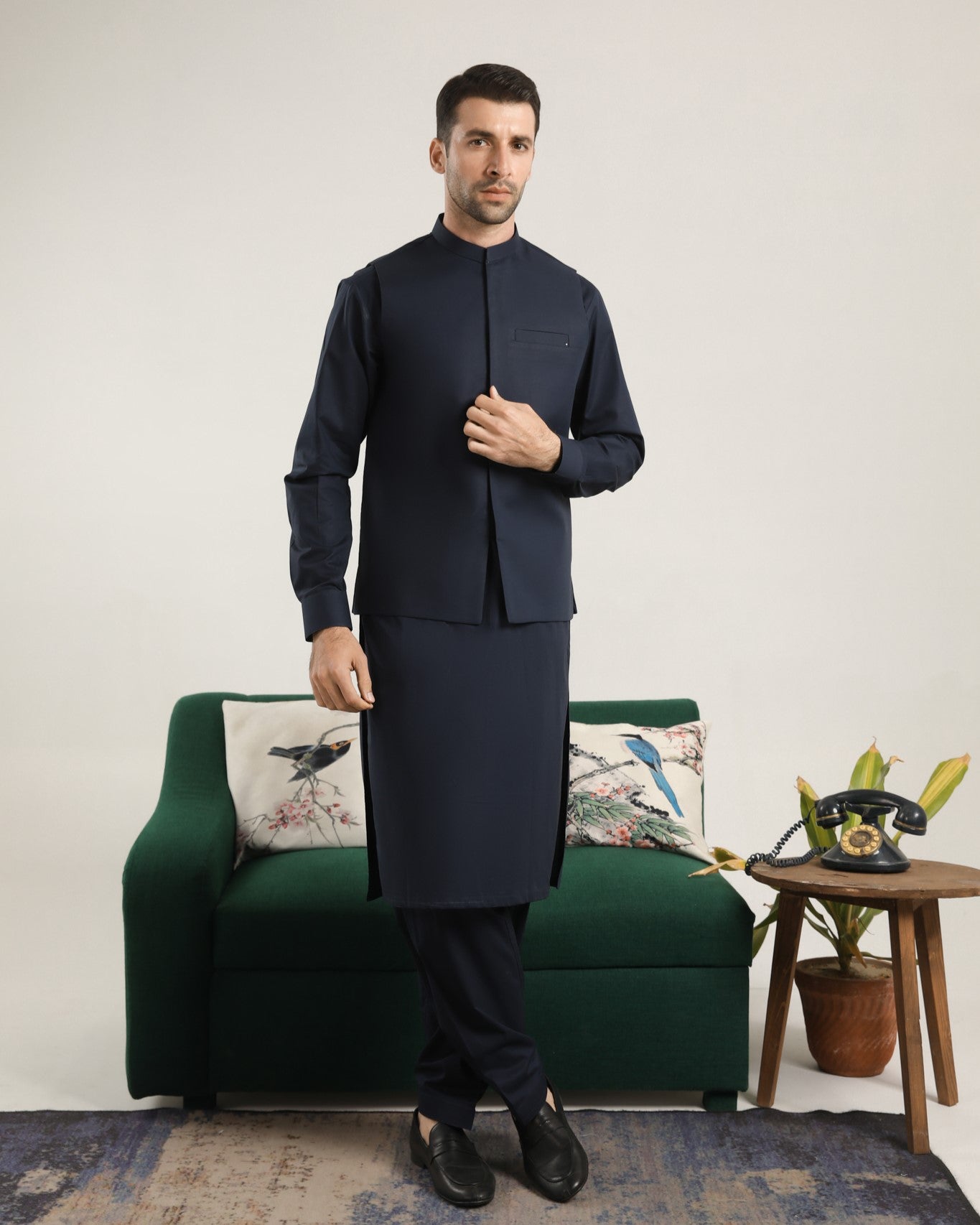 Dark Navy Blue Cotton Waistcoat Kurta Shalwar (3-Piece) - Image 2