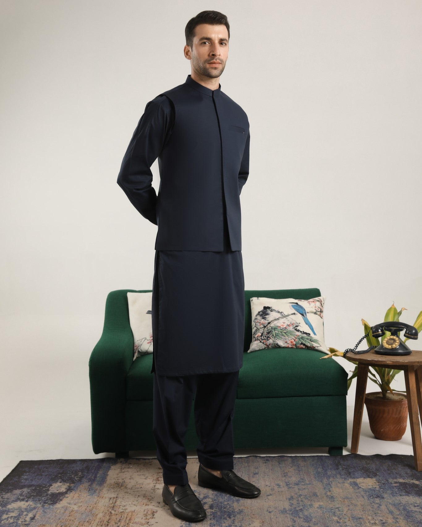 Dark Navy Blue Cotton Waistcoat Kurta Shalwar (3-Piece) - Image 4