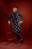 Navy Blue Embroidered Cotton-Silk Waistcoat Kurta (3-Piece) - Image 3