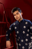 Navy Blue Embroidered Cotton-Silk Waistcoat Kurta (3-Piece) - Image 5