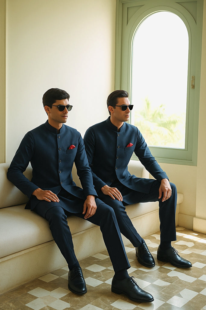 Navy Cotton Silk Waistcoat Kurta Pyjama (3-Piece) - Image 1