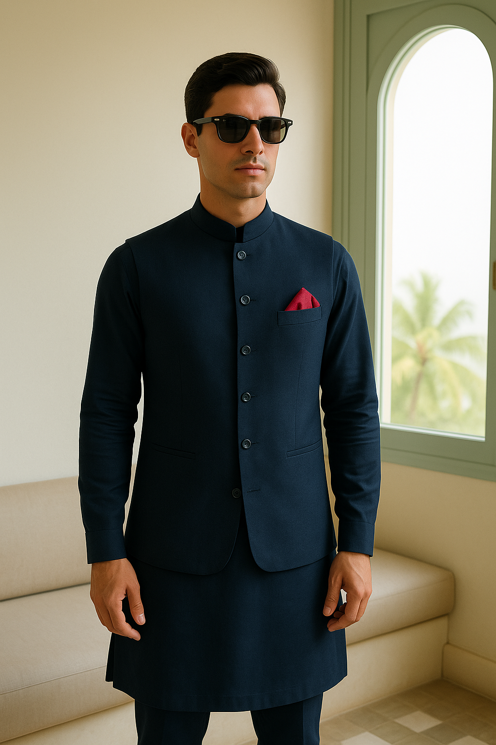 Navy Cotton Silk Waistcoat Kurta Pyjama (3-Piece) - Image 3