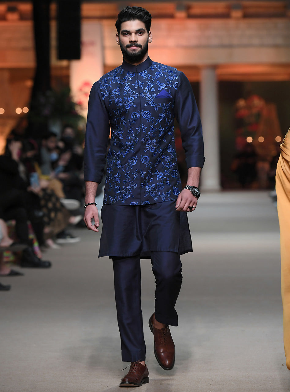 Navy Blue Embroidered Cotton Silk Waistcoat Kurta (3-Piece) - Image 1