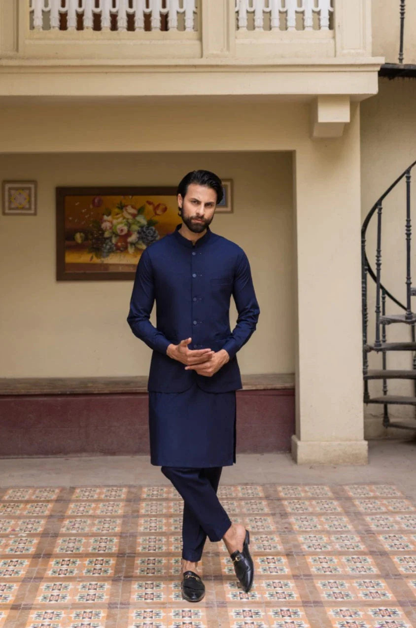Navy Blue Cotton-Silk Waistcoat Kurta Set (3-Piece) - Image 2
