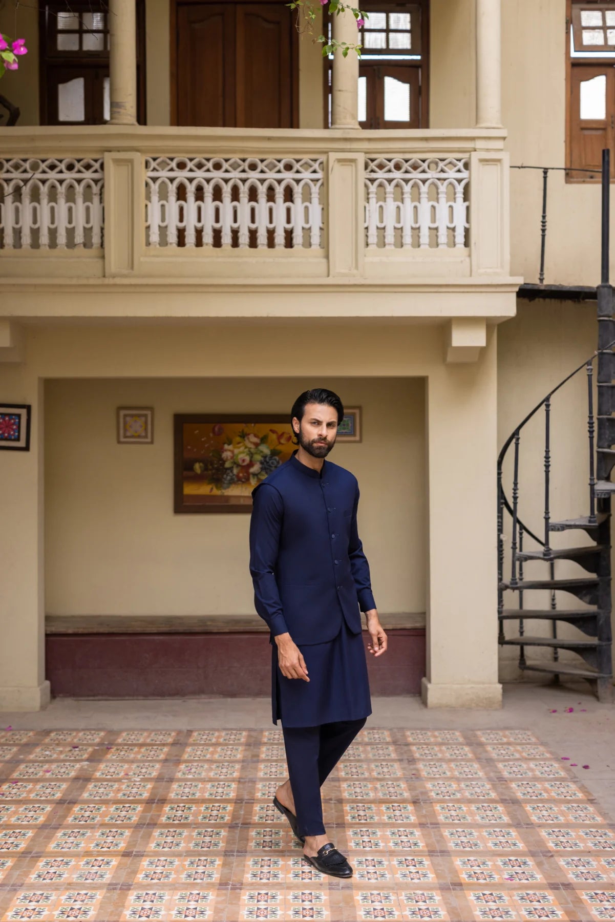 Navy Blue Cotton-Silk Waistcoat Kurta Set (3-Piece) - Image 3