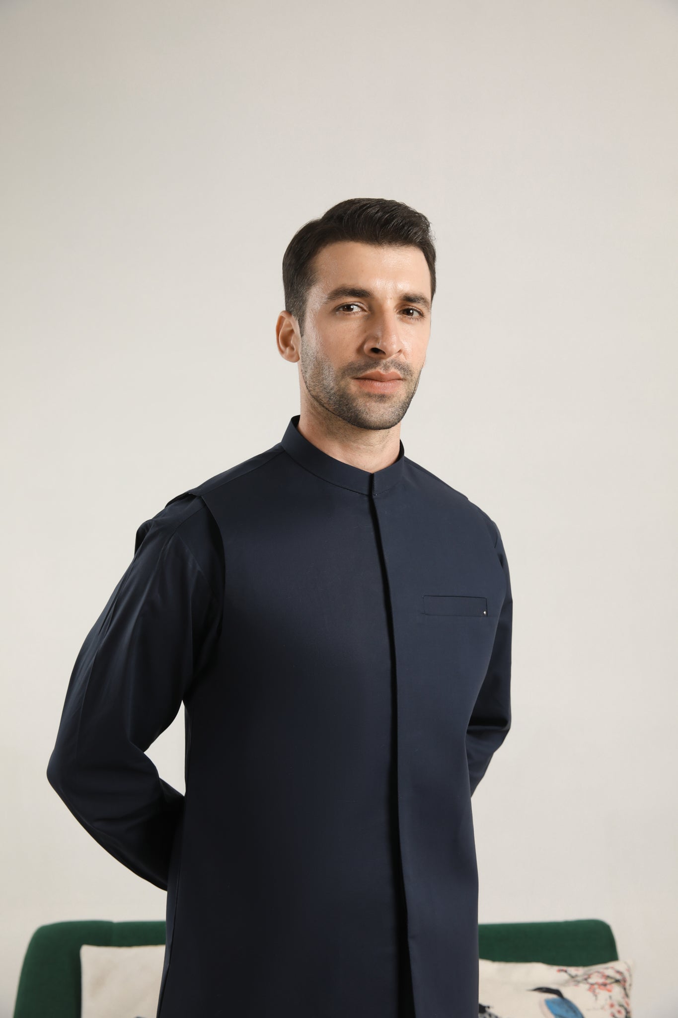 Dark Navy Blue Cotton Waistcoat Kurta Set (3-Piece) - Image 1