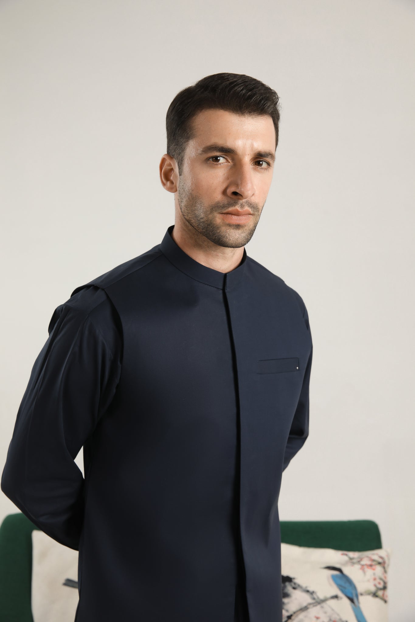 Dark Navy Blue Cotton Waistcoat Kurta Set (3-Piece) - Image 2