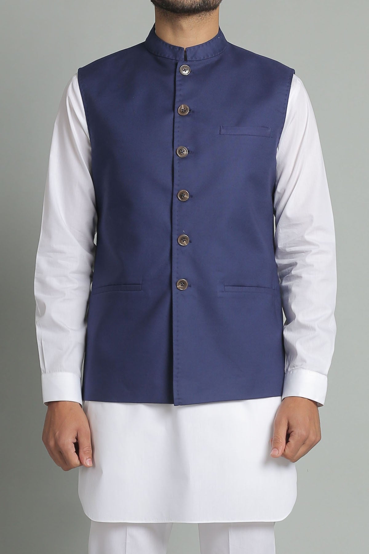 Navy Blue Dobby Cotton Waistcoat Kurta Set (3-Piece) - Image 1