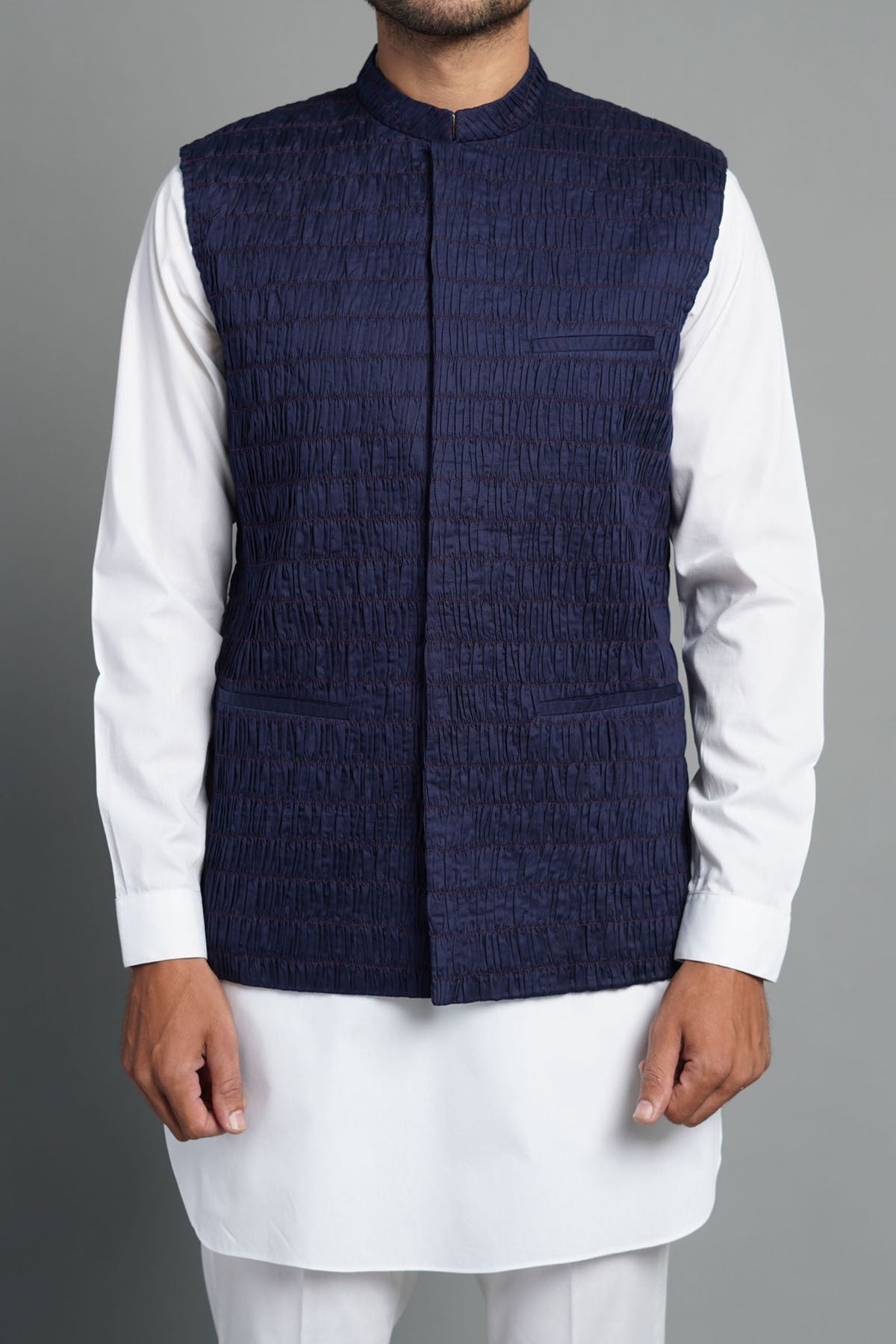 Navy Crushed Egyptian Cotton Waistcoat Kurta (3-Piece) - Image 1