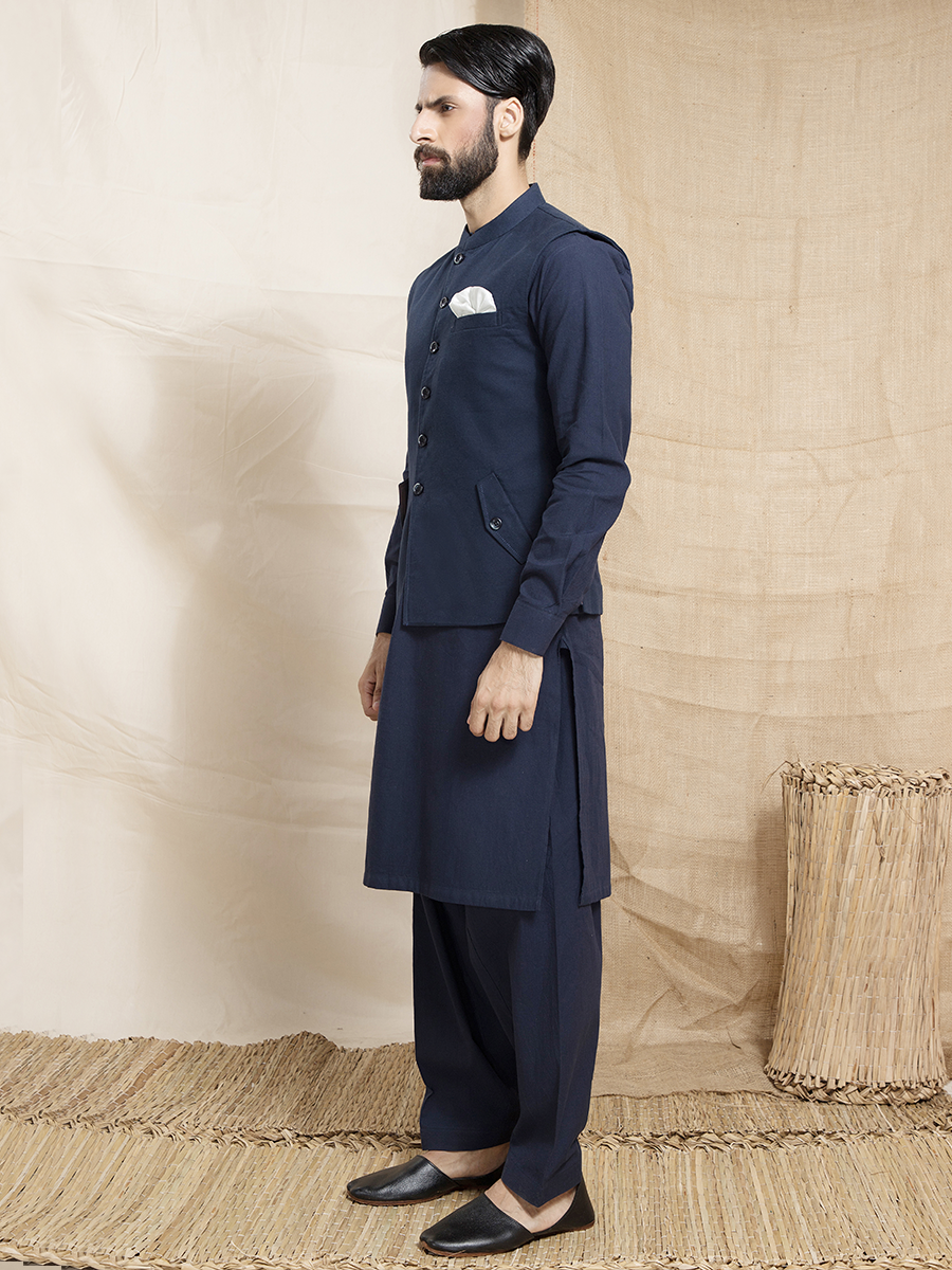 Navy Blue Flannel Waistcoat Kurta Set (3-Piece) - Image 1