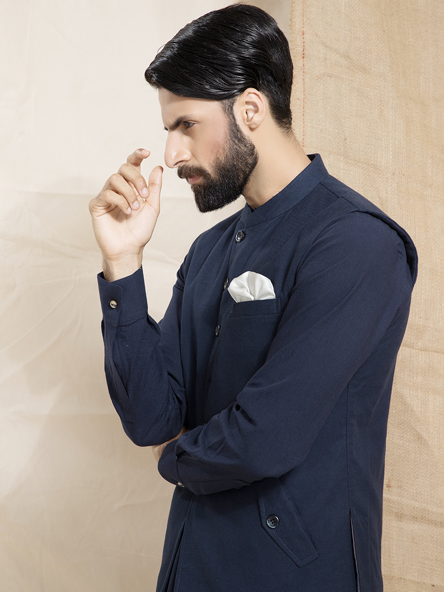 Navy Blue Flannel Waistcoat Kurta Set (3-Piece) - Image 2