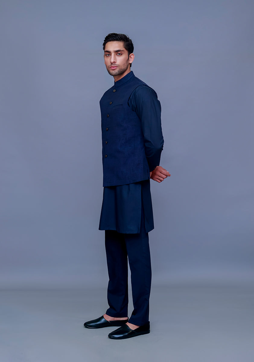 Deep Navy Jamawar Straight-Cut Waistcoat (3-Piece) - Image 1