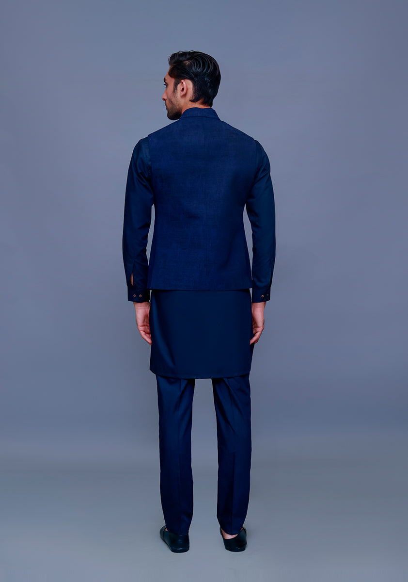 Deep Navy Jamawar Straight-Cut Waistcoat (3-Piece) - Image 2