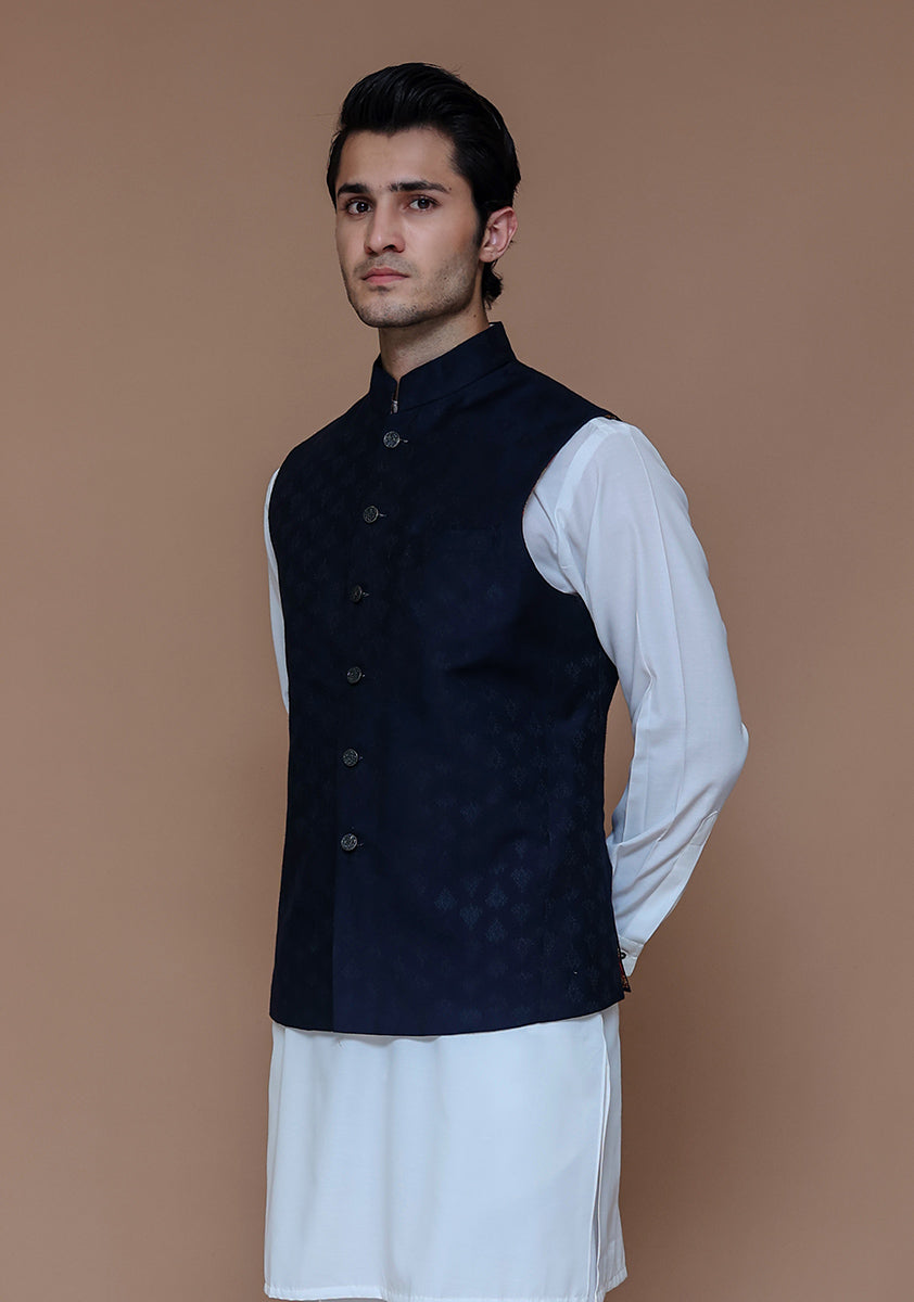 Navy Woven Jamawar Waistcoat (3-Piece) - Image 3