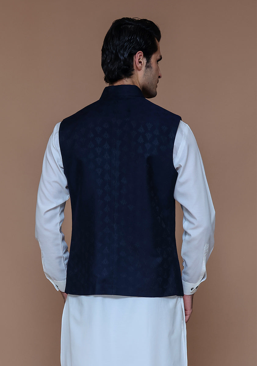 Navy Woven Jamawar Waistcoat (3-Piece) - Image 4