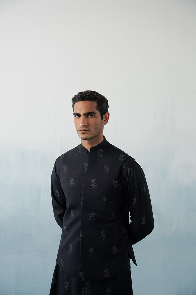 Navy Blue Floral Block Print Karandi Waistcoat (3-Piece) - Image 1