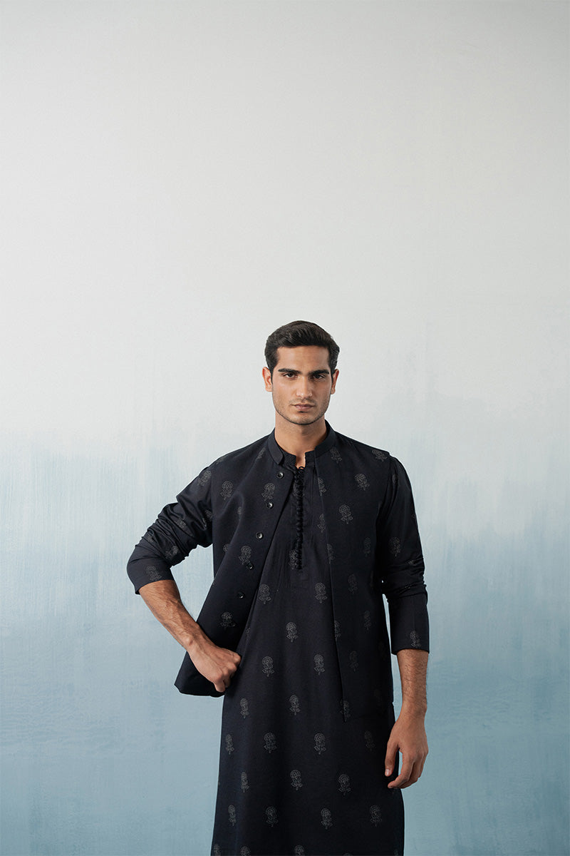 Navy Blue Floral Block Print Karandi Waistcoat (3-Piece) - Image 2