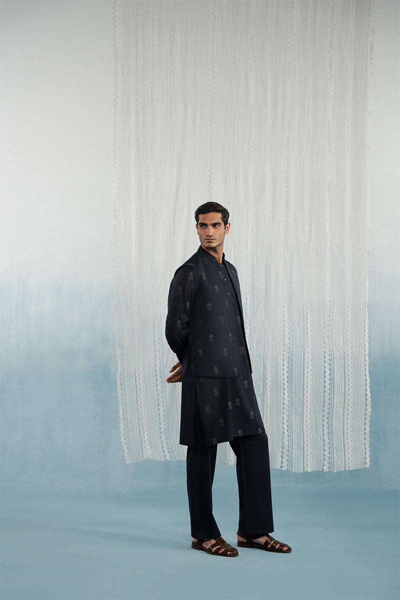 Navy Blue Floral Block Print Karandi Waistcoat (3-Piece) - Image 7