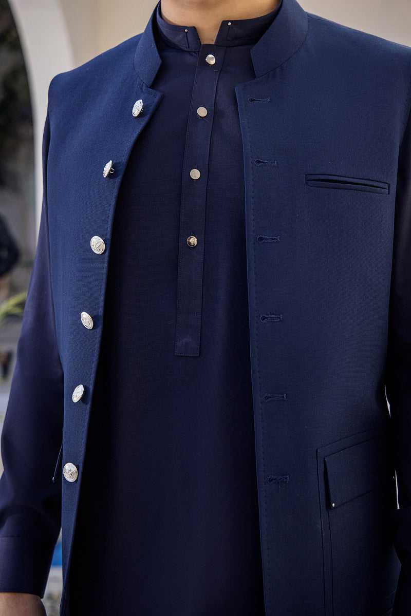 Navy Blue Structured Waistcoat Kurta Set (3-Piece) - Image 1