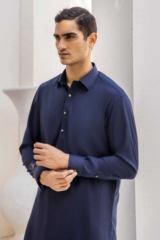Navy Blue Structured Waistcoat Kurta Set (3-Piece) - Image 2