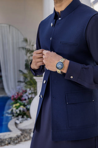 Navy Blue Structured Waistcoat Kurta Set (3-Piece) - Image 3