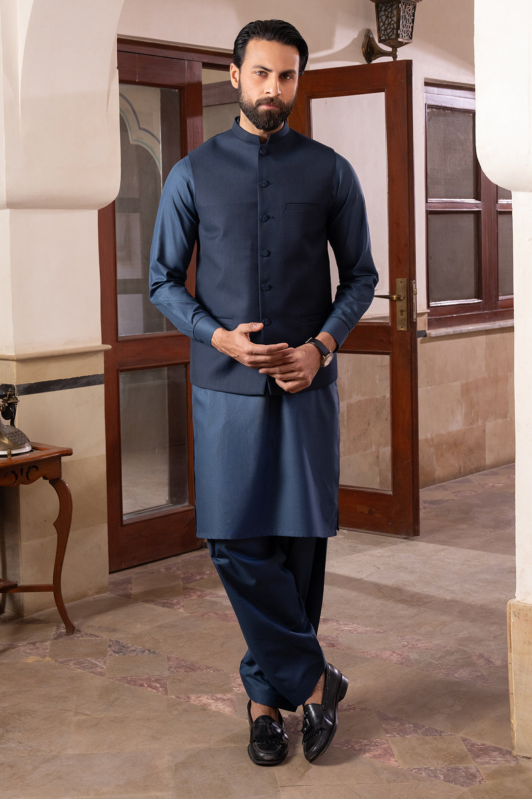 Navy Matte Suiting Waistcoat Kurta Set (3-Piece) - Image 2