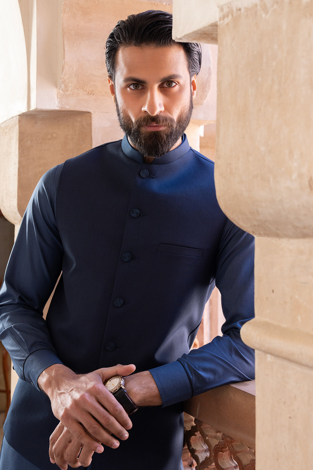 Navy Matte Suiting Waistcoat Kurta Set (3-Piece) - Image 3