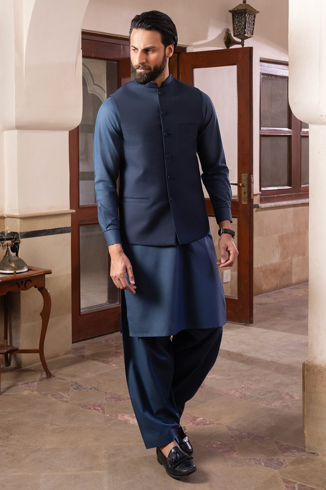 Navy Matte Suiting Waistcoat Kurta Set (3-Piece) - Image 5