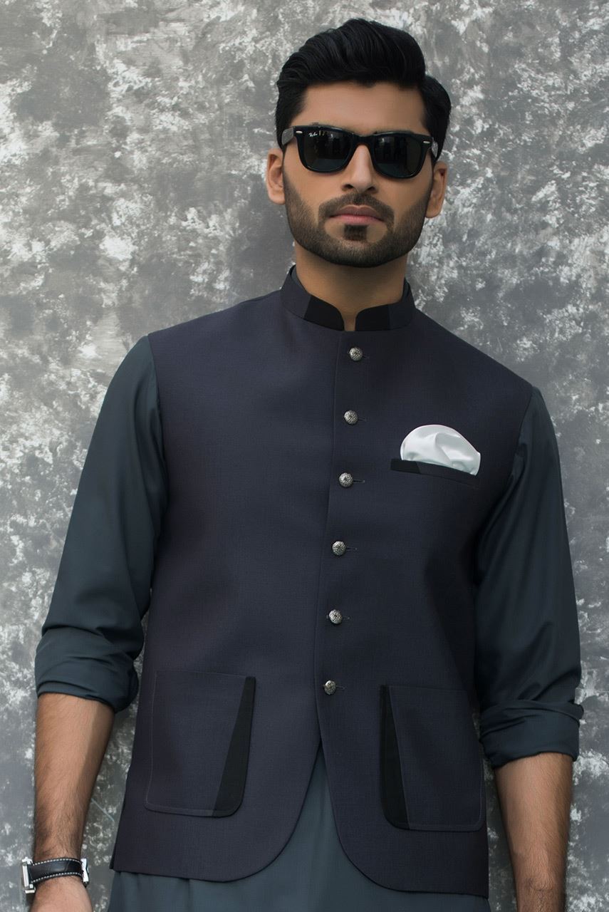 Navy Blue Suiting Waistcoat Kurta (2-Piece) - Image 1