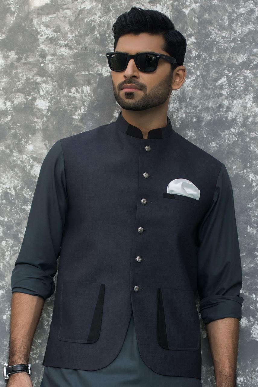 Navy Blue Suiting Waistcoat Kurta (2-Piece) - Image 2
