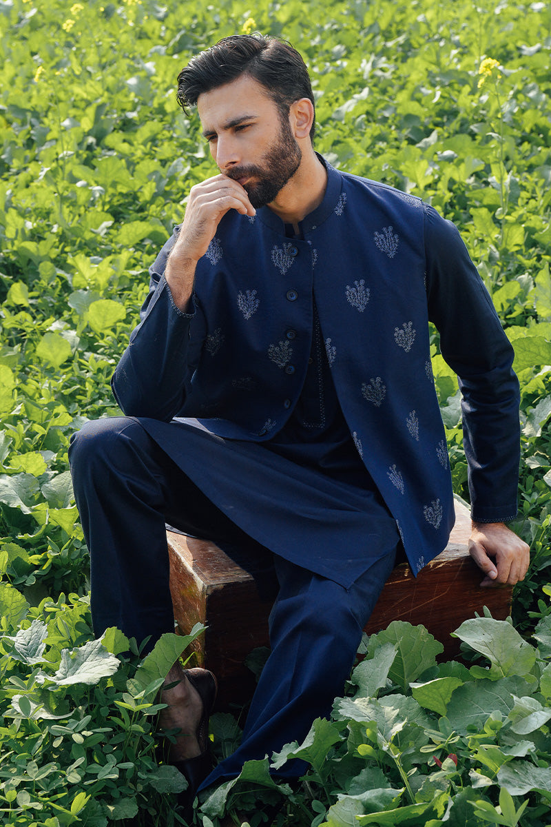Navy Blue Embroidered Karandi Waistcoat Kurta (3-Piece) - Image 1