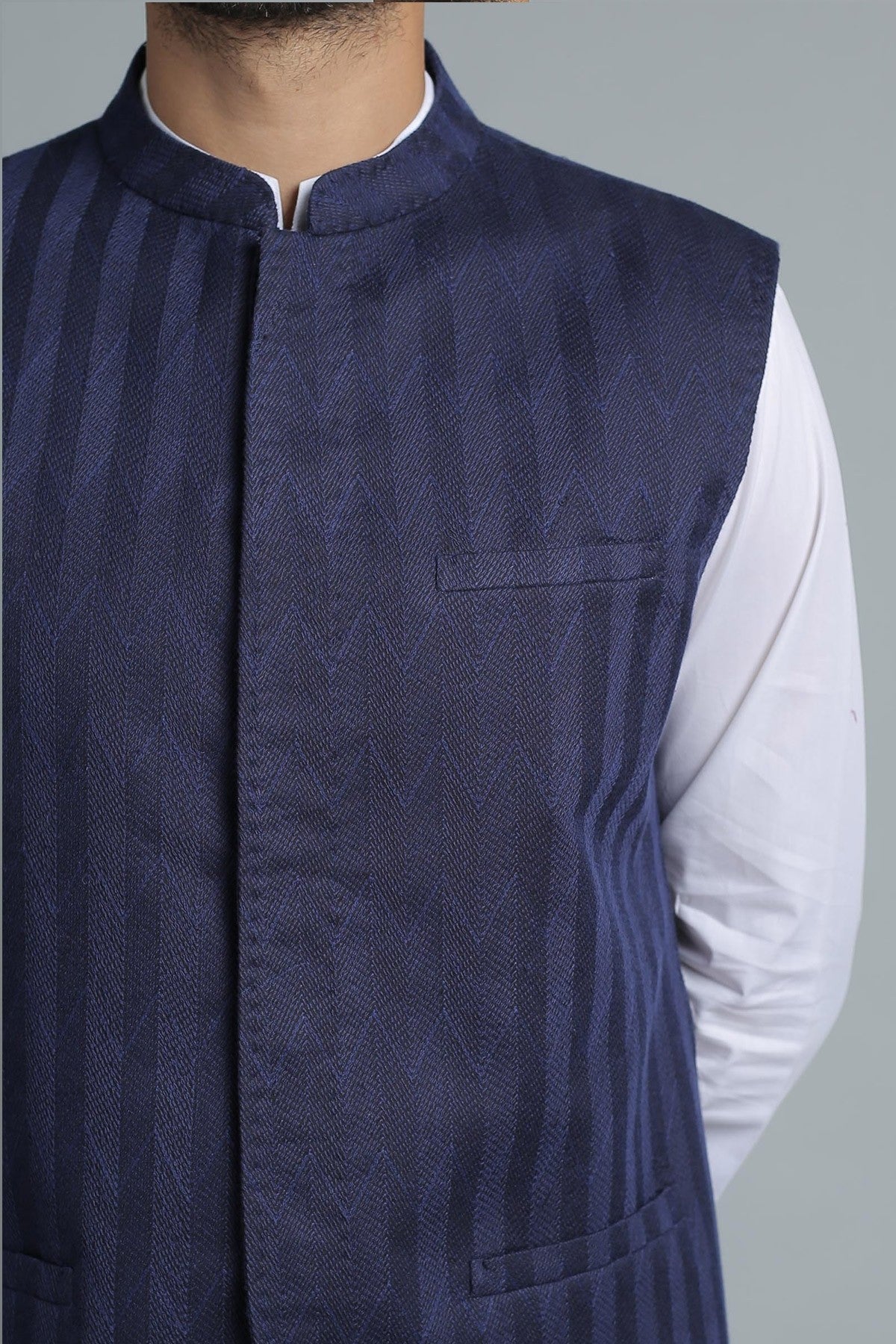 Navy Blue Embroidered Waistcoat Kurta Set (3-Piece) - Image 1