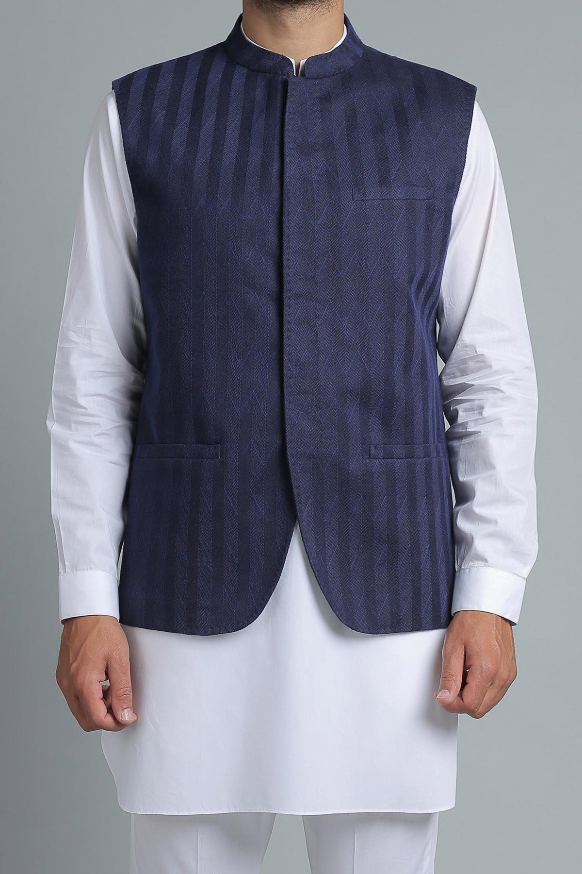 Navy Blue Embroidered Waistcoat Kurta Set (3-Piece) - Image 2