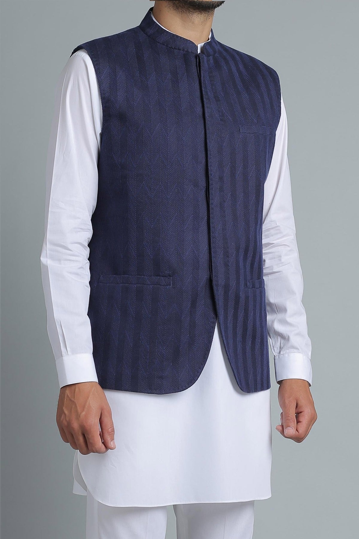 Navy Blue Embroidered Waistcoat Kurta Set (3-Piece) - Image 3