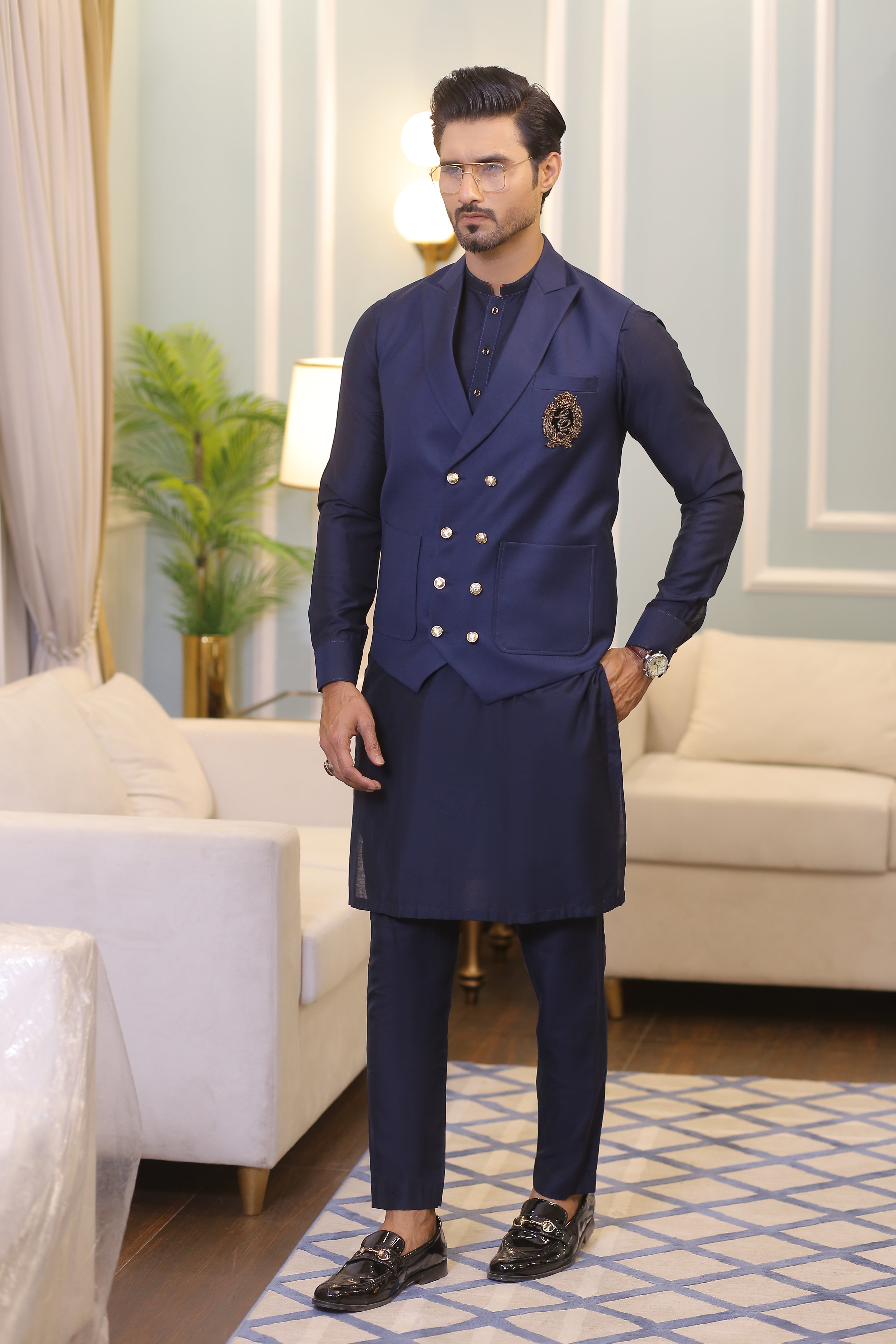 Navy Blue Embroidered Poly-Viscose Waistcoat Kurta (3-Piece) - Image 1