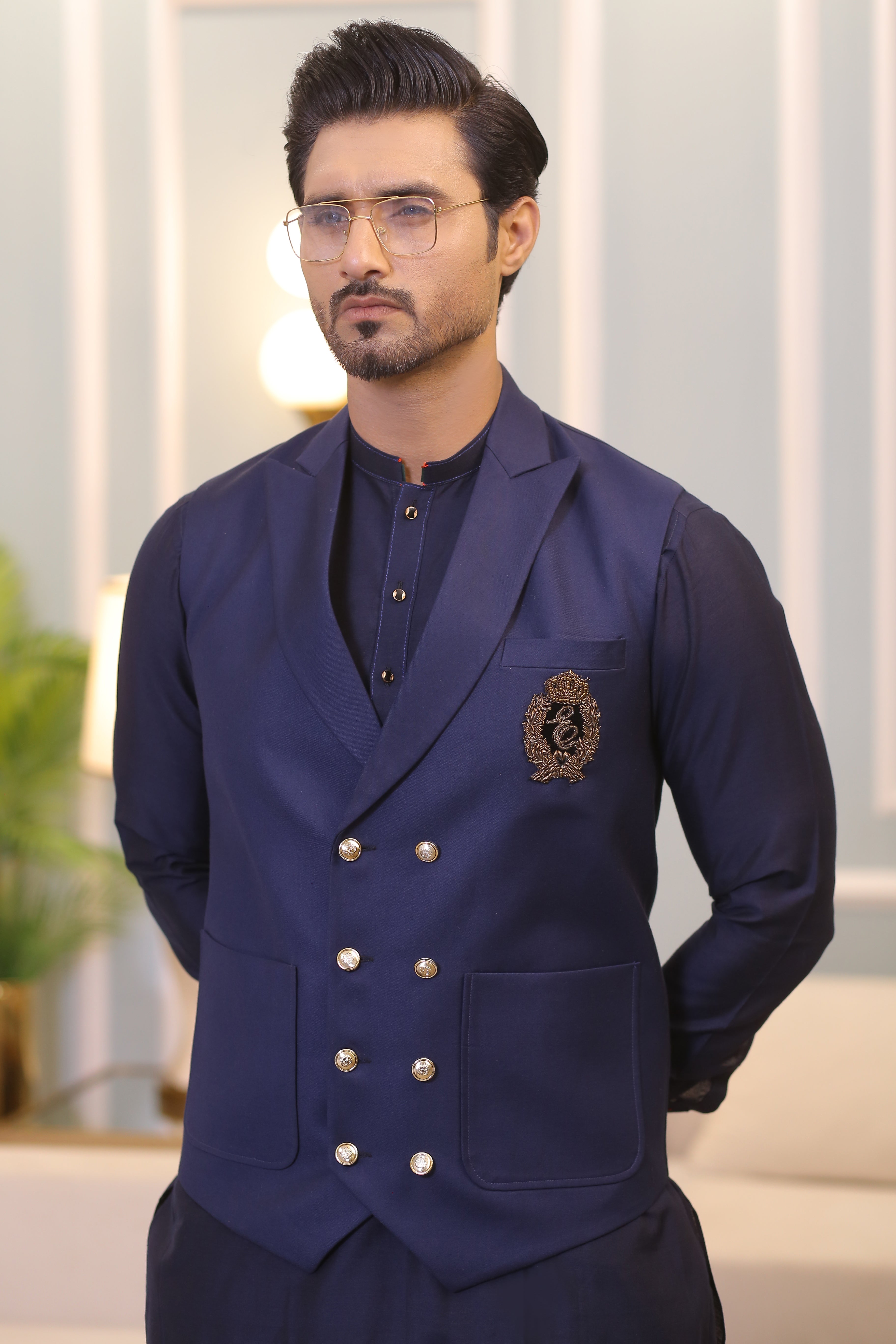 Navy Blue Embroidered Poly-Viscose Waistcoat Kurta (3-Piece) - Image 3