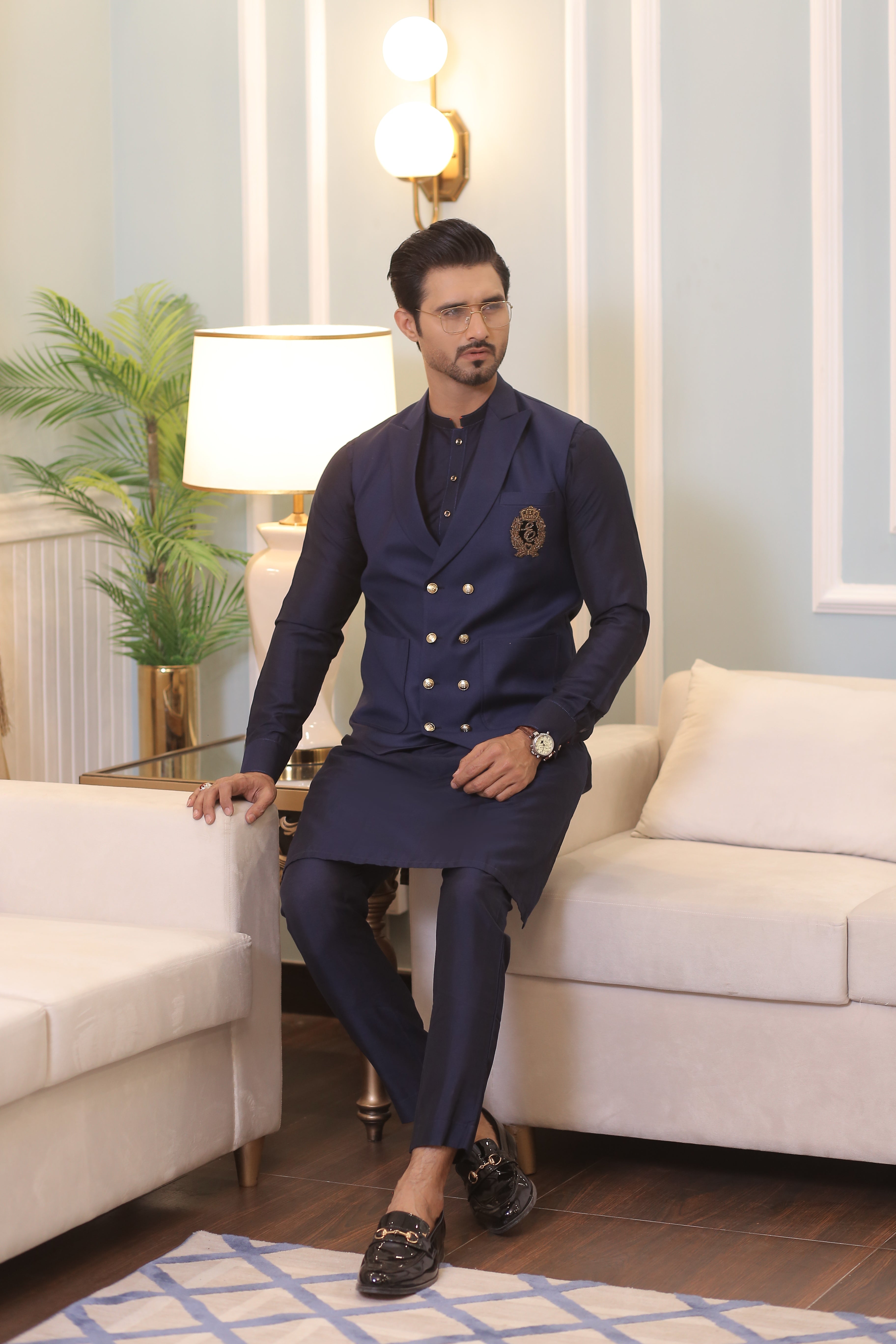 Navy Blue Embroidered Poly-Viscose Waistcoat Kurta (3-Piece) - Image 4
