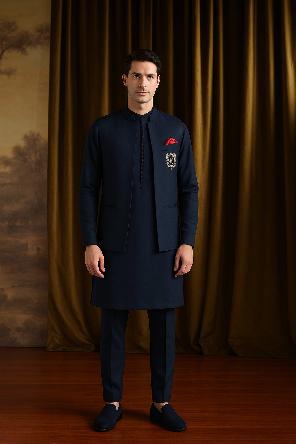 Navy Blue Embroidered Poly-Viscose Waistcoat Kurta (3-Piece) - Image 2
